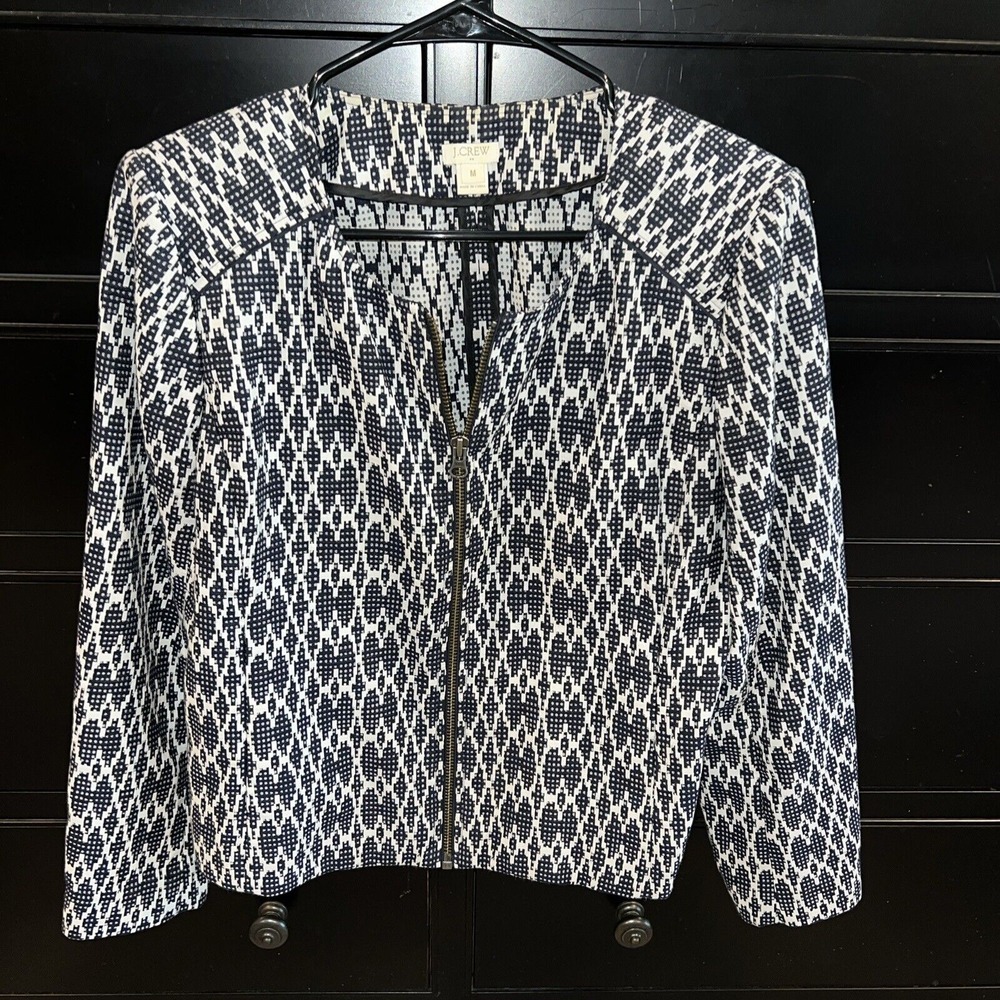 J.Crew Jacquard Zipper Jacket Geometric Motorcycle Navy‎ White Medium Blazer